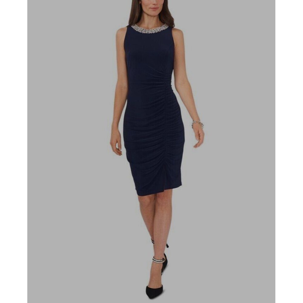MSK Women's Petite Embellished-Neck Open-Back Side Ruched Dress Black 12P